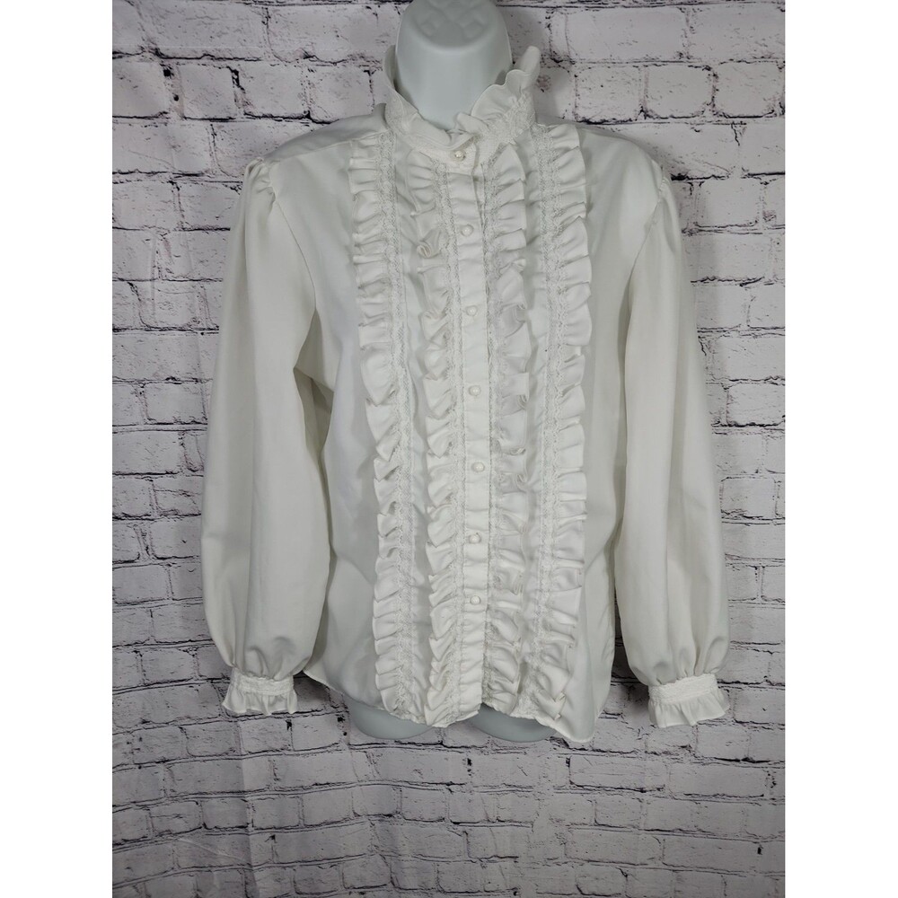 Vintage Laura Mae 70’s Button Up Long Sleeve Ruffle Blouse, White Detailed M?